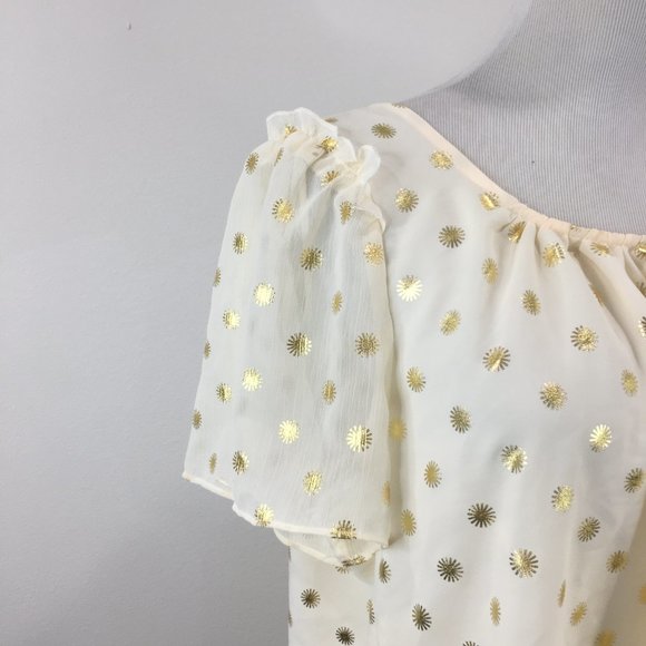 NWT LC LAUREN CONRAD Beige Gold Print Tie Back Collar Short Sleeve Shirt - Picture 6 of 11